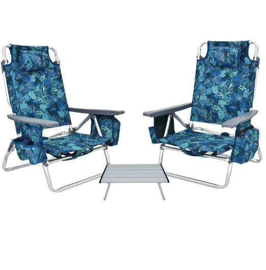 Costway 2-Pack Folding Backpack Beach Chair Table Set 5-Position Outdoor Reclining Chair