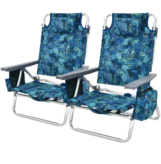 Costway 2x Folding Reclining Beach Chairs Camping Arm Chairs Outdoor Fishing Picnic w/ 5-Position Backrest & Head Pillow