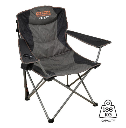 Wildtrak Varley 100cm Camp Chair Foldable Camping Seat w Cup Holder Grey Black