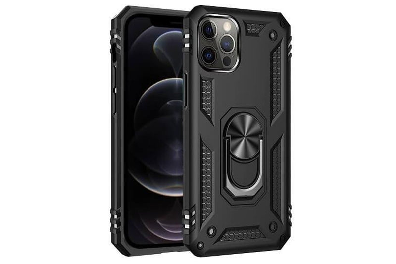 For Apple iPhone 12 Pro Case, Military Grade 360 Degree Rotating Metal Magnetic Ring Car Mount Holder Kickstand Shockproof Heavy Duty Cover (Black)