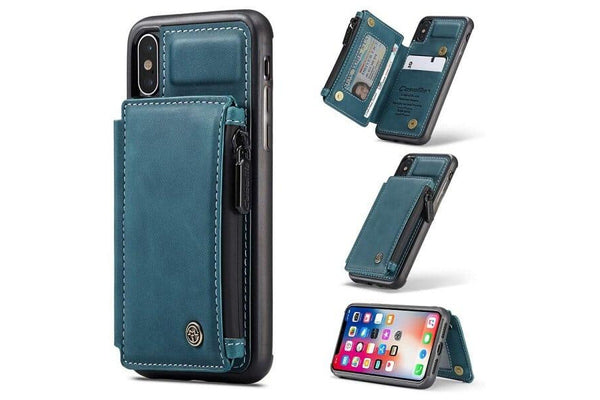 For Apple iPhone X / XS CaseMe Back Zipper Wallet Case W/ 3 Card Slots, RFID Blocking, 1 Money Pocket, Credit Card Holder Leather Cover (Teal Blue)