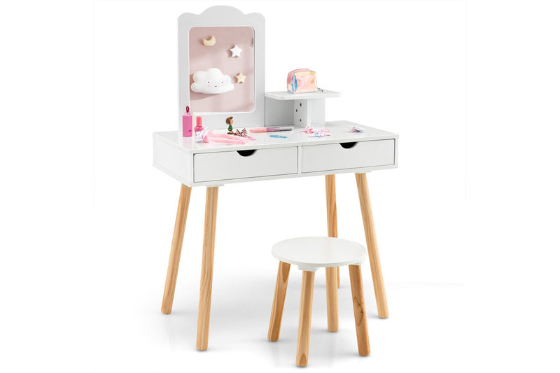 Giantex 2-in-1 Kids Vanity Table & Stool Set Makeup Dressing Table Princess Pretend Playset w/Removable Mirror & Drawer White
