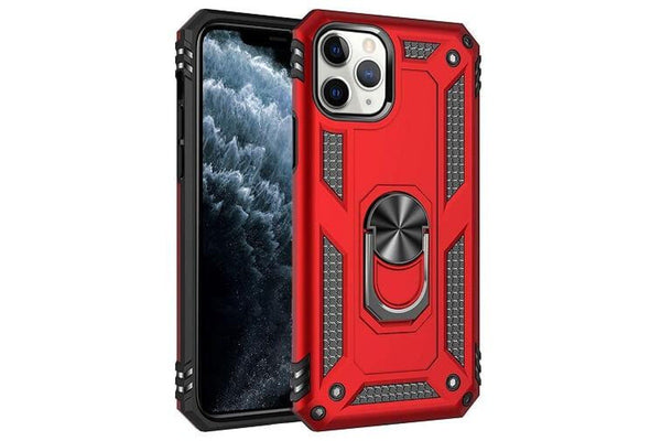 For Apple iPhone 11 Pro Case, Military Grade 360 Degree Rotating Metal Magnetic Ring Car Mount Holder Kickstand Shockproof Heavy Duty Cover (Red)