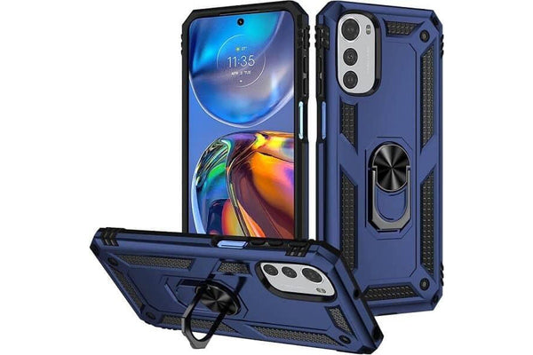 For Motorola Moto E32 Slide Camera Cover & Kickstand, Built-in 360° Rotate Ring Stand Magnetic Ring Shockproof Heavy Duty Case (Navy Blue)
