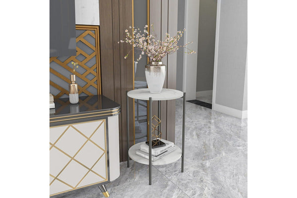 Marble Side Table Black 2 Tier Round Shape