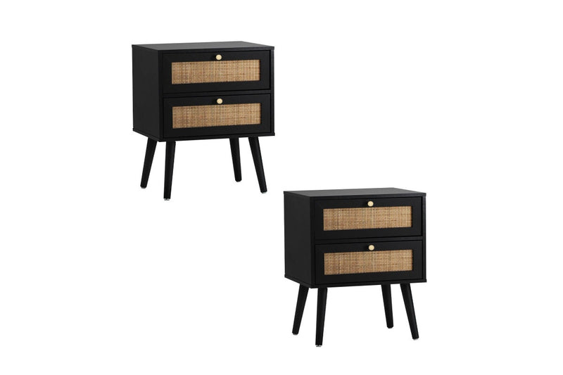 Oikiture 2X Bedside Table Side Table 2 Drawers Storage Cabinet Nightstand Rattan