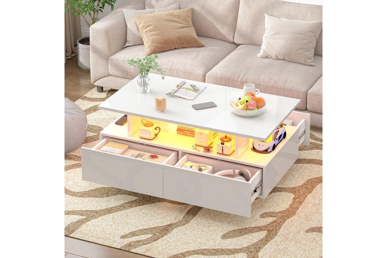 Advwin LED Coffee Table with 4 Storage Drawers Rectangle High Gloss Central Table with Open Display Shelf White