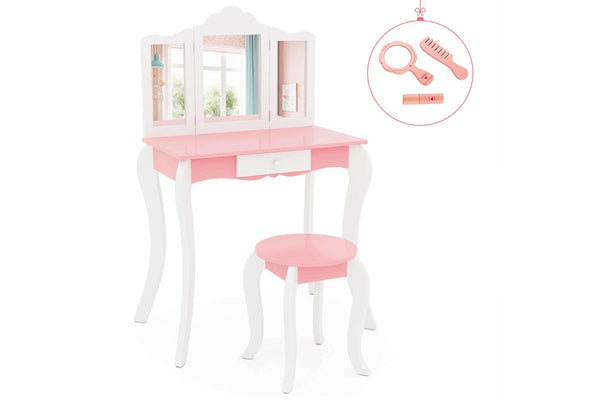 Costway 2-in-1 TOP 50 Bonus Trinkets Set Vanity Table Stool Set Tri-Folding Mirror Makeup Table Princess Dressing Table w/Storage Drawer