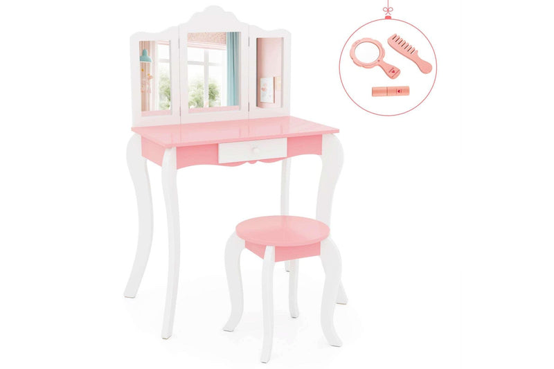 Costway 2-in-1 TOP 50 Bonus Trinkets Set Vanity Table Stool Set Tri-Folding Mirror Makeup Table Princess Dressing Table w/Storage Drawer