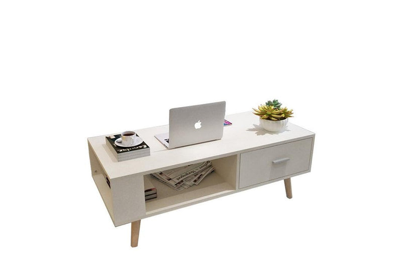 White Coffee Table Storage Drawer & Open Shelf With Wooden Legs Coffee Tables