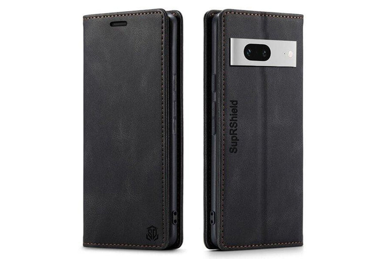 SupRShield For Google Pixel 7 Case RFID Blocking Retro Flip Premium Leather Card Holder Wallet Cover - Black