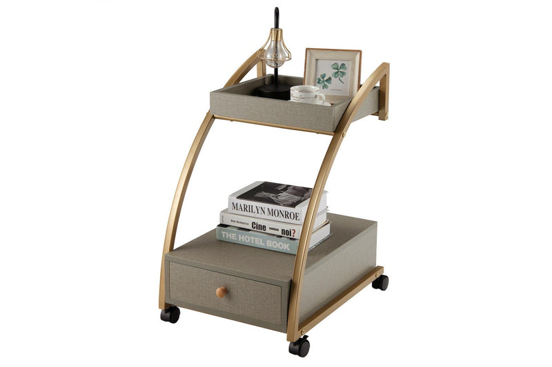 Giantex 2-tier Mobile End Table C-Shaped Sofa Side Table w/Lockable Wheels & Drawer Mobile Serving Cart Grey
