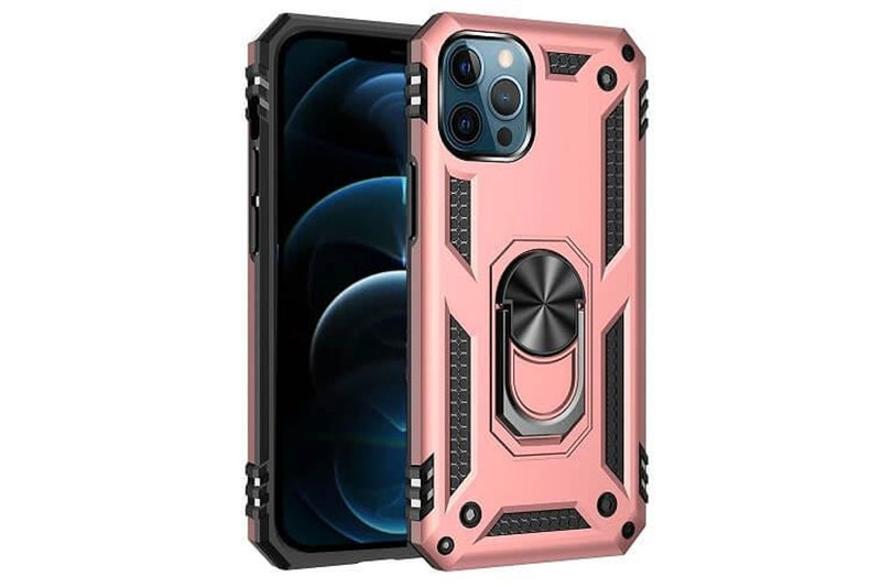 For Apple iPhone 12 Pro Max Case, Military Grade 360 Degree Rotating Metal Magnetic Ring Car Mount Holder Kickstand Shockproof Heavy Duty Cover (Rose Gold)