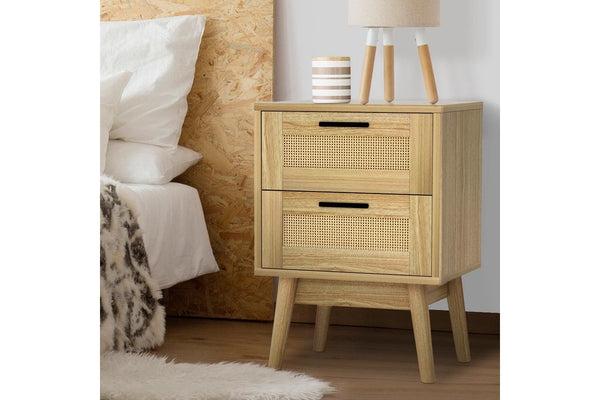 Artiss Rattan Bedside Table 2 Drawers Wood - RIE Oak