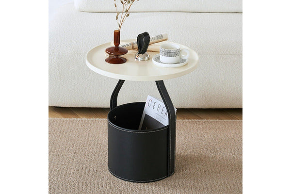 Modern Round Side Table with Storage and Leather Basket - Black