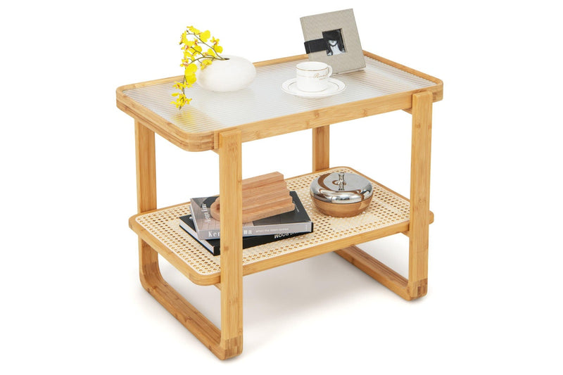 Giantex 2-Tier Bamboo Bedside Table Compact End Table Sofa Side Table w/Glass Tabletop & Rattan Shelf, Natural