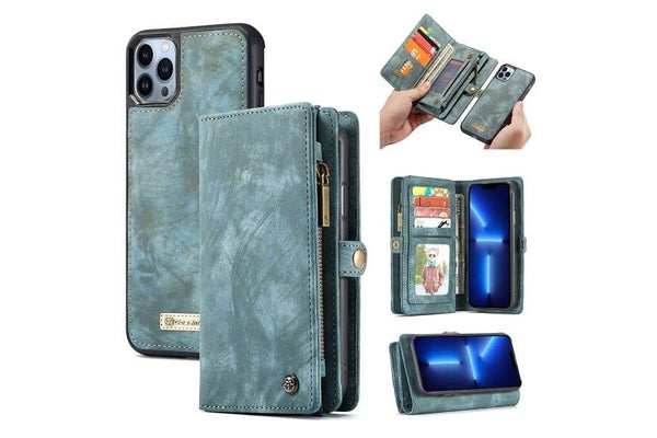 CaseMe For Apple iPhone 13 Pro Zipper & Detachable Retro Leather Pouch Wallet Flip Purse Bag Detachable Phone Case Cover (Sky Blue)