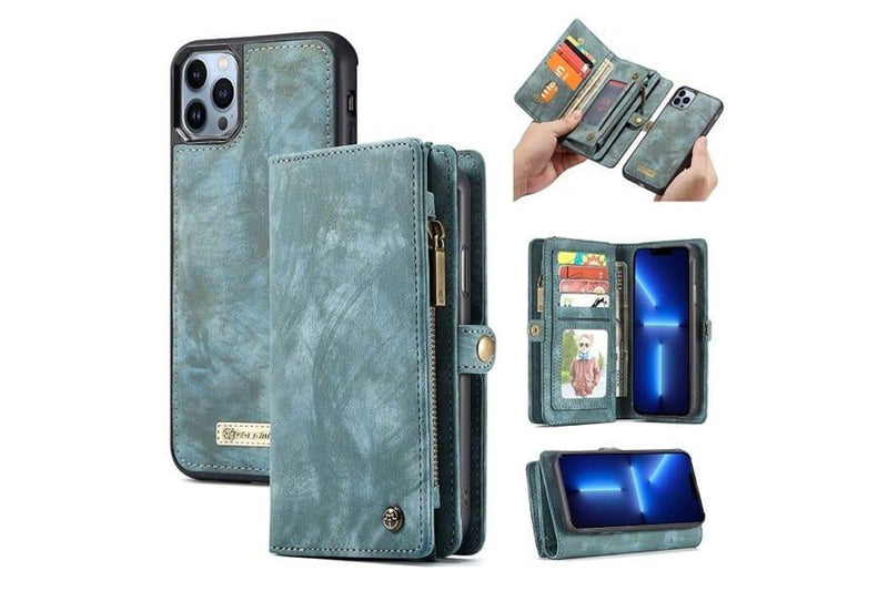 CaseMe For Apple iPhone 13 Pro Zipper & Detachable Retro Leather Pouch Wallet Flip Purse Bag Detachable Phone Case Cover (Sky Blue)