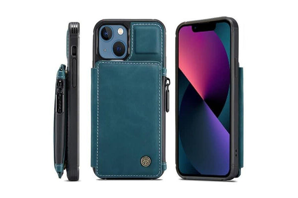 For Apple iPhone 13 Mini CaseMe Back Zipper Wallet Case W/ 3 Card Slots, RFID Blocking, 1 Money Pocket, Credit Card Holder Leather Cover (Teal Blue)