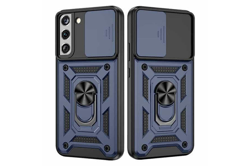 For Samsung Galaxy S22 Case, Military Grade 360 Degree Rotating Metal Magnetic Ring Car Mount Holder Kickstand Shockproof Heavy Duty Cover (Navy Blue)