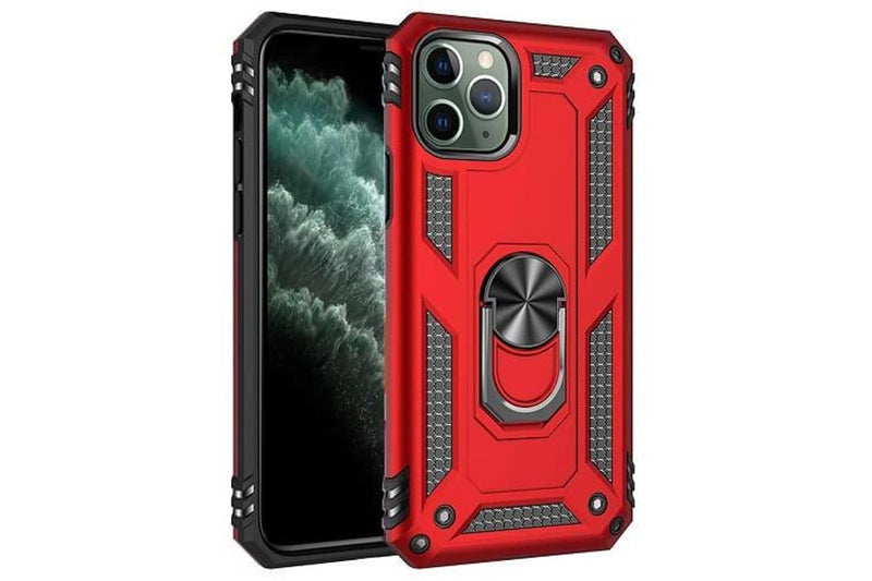 For Apple iPhone 11 Pro Max Case, Military Grade 360 Degree Rotating Metal Magnetic Ring Car Mount Holder Kickstand Shockproof Heavy Duty Cover (Red)