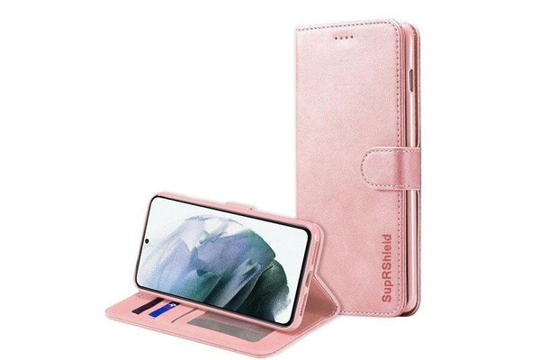 For Samsung Galaxy S22 SupRShield Wallet Leather Card Holder Flip Protective Shockproof Magnetic Case Cover (Rose Gold)