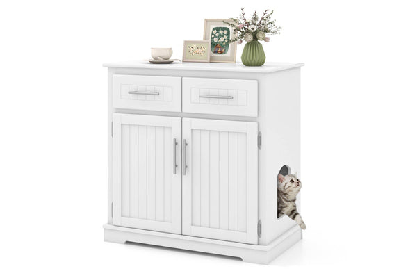 Costway Cat Litter Storage Cabinet Box Enclosure Double Door Cat House Pet House Crate Cabinet White