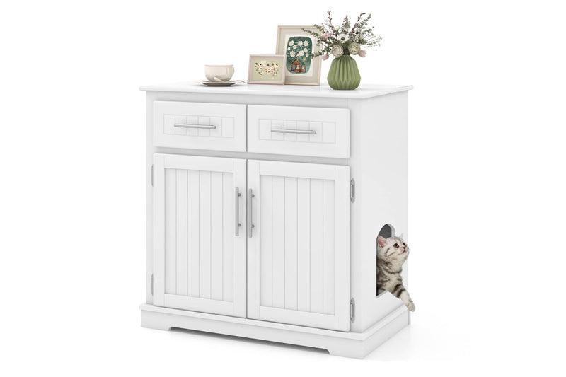 Costway Cat Litter Storage Cabinet Box Enclosure Double Door Cat House Pet House Crate Cabinet White