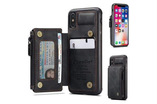 For Apple iPhone X / XS CaseMe Back Zipper Wallet Case W/ 3 Card Slots, RFID Blocking, 1 Money Pocket, Credit Card Holder Leather Cover (Black)