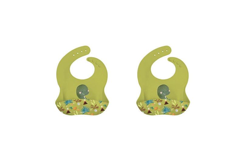 2x Sassi Silicone Bib Cracky the Dinosaur Baby Childrens Tableware Cutlery 6m+