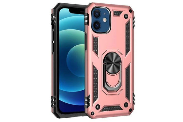 For Apple iPhone 12 Case, Military Grade 360 Degree Rotating Metal Magnetic Ring Car Mount Holder Kickstand Shockproof Heavy Duty Cover (Rose Gold)