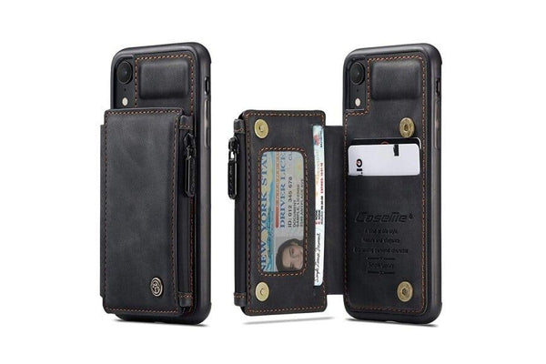 For Apple iPhone XR CaseMe Back Zipper Wallet Case W/ 3 Card Slots, RFID Blocking, 1 Money Pocket, Credit Card Holder Leather Cover (Black)
