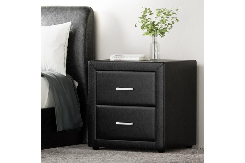 Artiss Bedside Table 2 Drawers Side Table Leather - CADEN Black