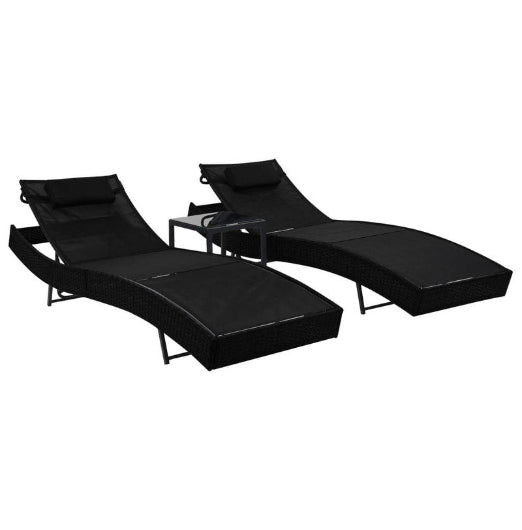 Sun Loungers 2 pcs with Table Poly Rattan and Textilene Black vidaXL