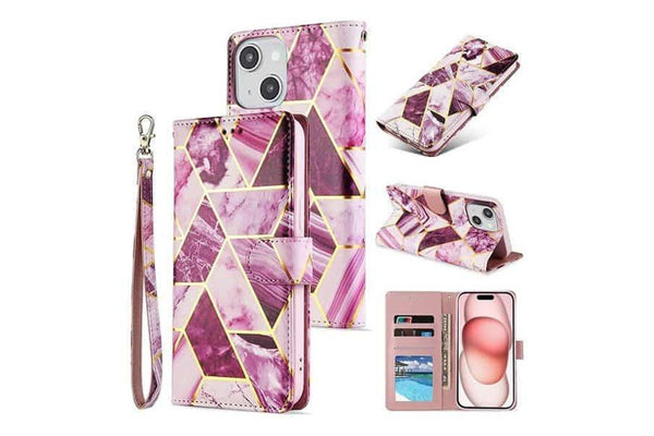 For Apple iPhone 13 Case Marble Painting Pattern With Lanyard Flip Wallet Case Leather Card Slots Stand Cover (Rose Gold Gilding)