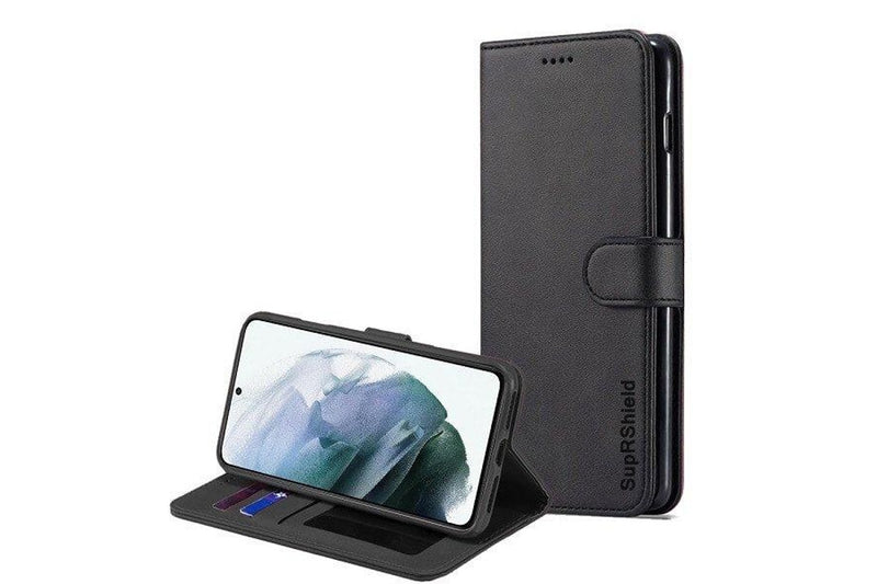 For Samsung Galaxy S22 SupRShield Wallet Leather Card Holder Flip Protective Shockproof Magnetic Case Cover (Black)