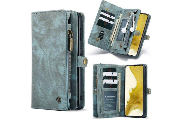 CaseMe For Samsung Galaxy S22 Plus Zipper & Detachable Retro Leather Pouch Wallet Flip Purse Bag Detachable Phone Case Cover (Sky Blue)