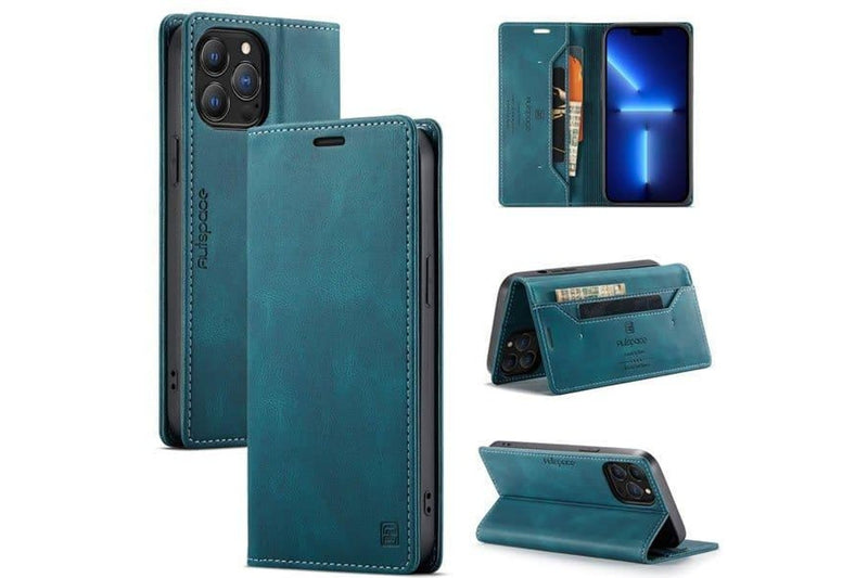 AutSpace For Apple iPhone 13 Pro Case RFID Blocking Retro Flip Premium Leather Card Holder Wallet Cover - Cyan Blue