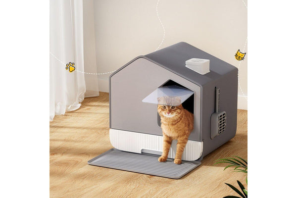 i.Pet Cat Litter Box Large Tray Kitty Toilet Fully Enclosed House Hooded Scoop Mat Grey