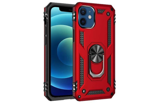 For Apple iPhone 12 Case, Military Grade 360 Degree Rotating Metal Magnetic Ring Car Mount Holder Kickstand Shockproof Heavy Duty Cover (Red)