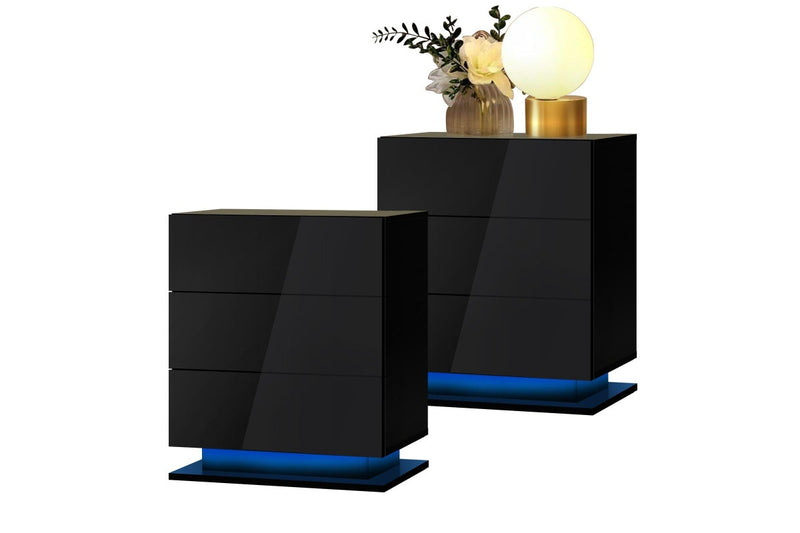 Oikiture Bedside Tables Set of 2 LED Nightstand 3 Drawers