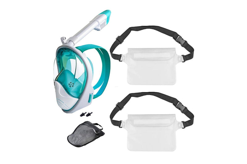 Full Face Snorkel Mask with Camera Mount Anti-Leak Swimming Diving Mask with Waterproof Pouch Bags Green