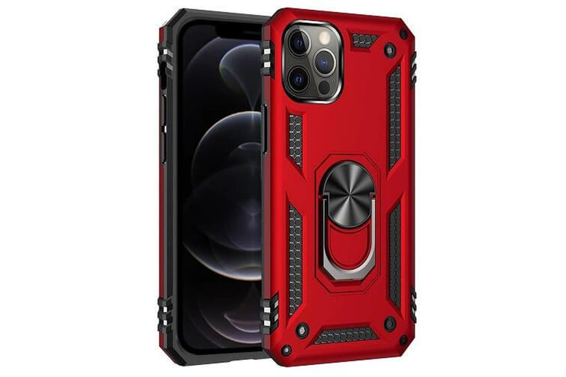 For Apple iPhone 12 Pro Case, Military Grade 360 Degree Rotating Metal Magnetic Ring Car Mount Holder Kickstand Shockproof Heavy Duty Cover (Red)
