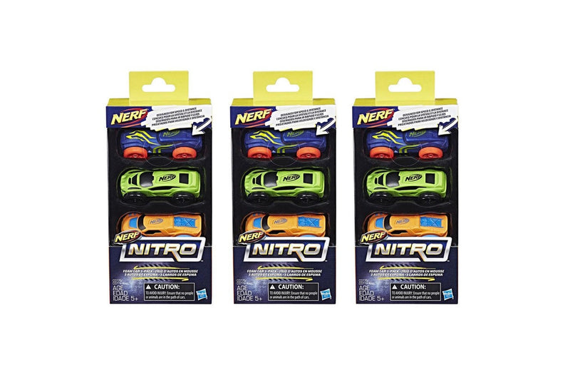 3x 3pc NERF Nitro Foam Car Vehicle Kids Children 5y+ Play Toys Assorted Colour