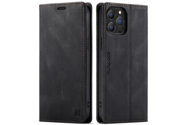 AutSpace For Apple iPhone 13 Pro Case RFID Blocking Retro Flip Premium Leather Card Holder Wallet Cover - Black