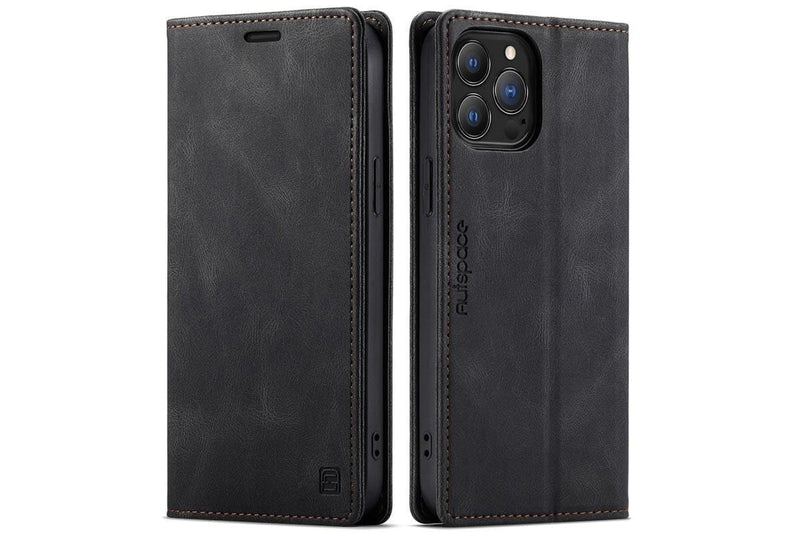 AutSpace For Apple iPhone 13 Pro Case RFID Blocking Retro Flip Premium Leather Card Holder Wallet Cover - Black