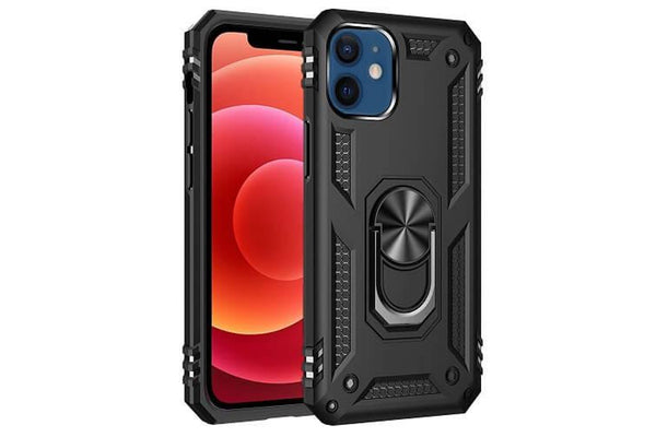For Apple iPhone 12 Mini Case, Military Grade 360 Degree Rotating Metal Magnetic Ring Car Mount Holder Kickstand Shockproof Heavy Duty Cover (Black)