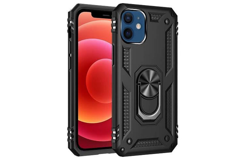 For Apple iPhone 12 Mini Case, Military Grade 360 Degree Rotating Metal Magnetic Ring Car Mount Holder Kickstand Shockproof Heavy Duty Cover (Black)