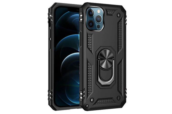 For Apple iPhone 12 Pro Max Case, Military Grade 360 Degree Rotating Metal Magnetic Ring Car Mount Holder Kickstand Shockproof Heavy Duty Cover (Black)