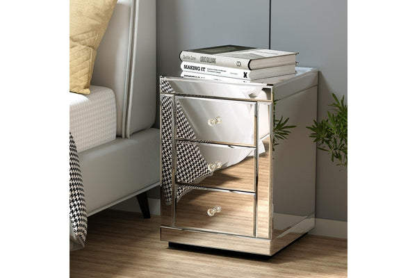 Artiss Set of 2 Bedside Table 3 Drawers Mirrored Glass - PRESIA Silver